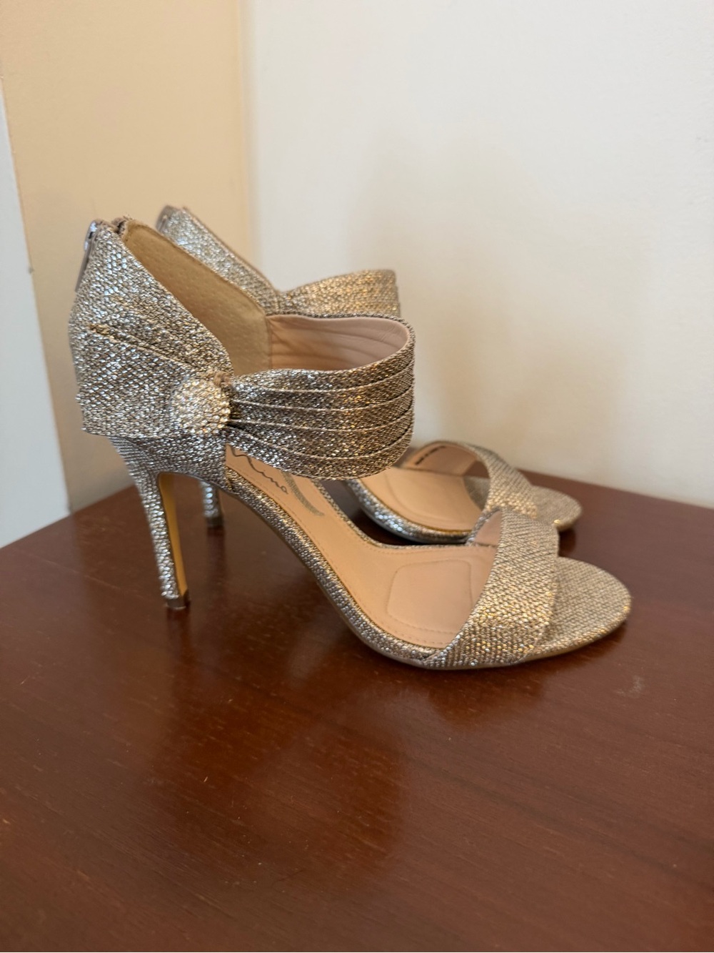 Glitter Ankle-Strap High Heel Sandals in Silver